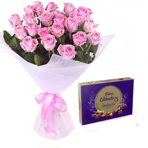 20 Pink Roses Bunch with Cadbury RDF Chocolate 120gm