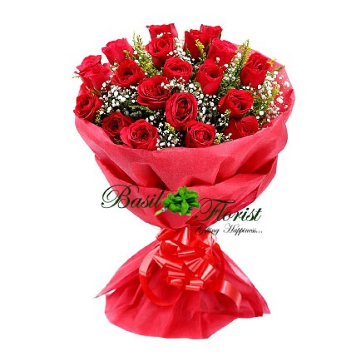 20 Red Roses beautifully arranged with red crap paper for those